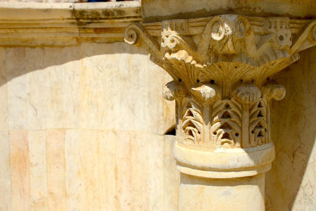 Jordan Petra treasury Pillar in the 2nd Century Roman Theatre in Amman Jordan.